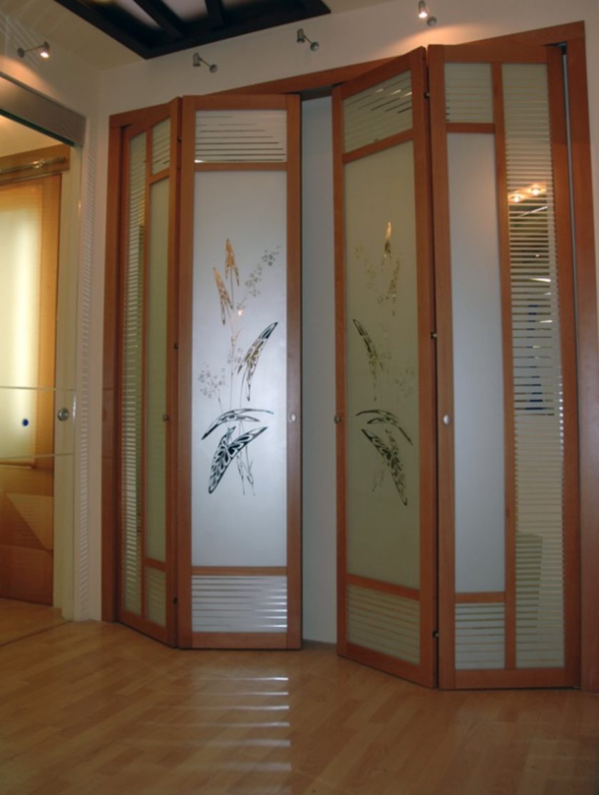 Широкие двери гармошка с матовым стеклом и рисунком Ярославль
